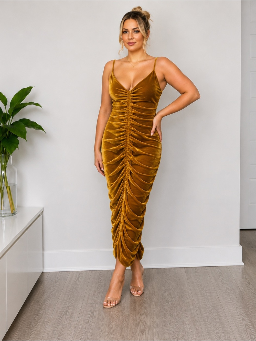 Gold Velvet Ruched Bodycon Midi Dress | Spaghetti Strap | Large